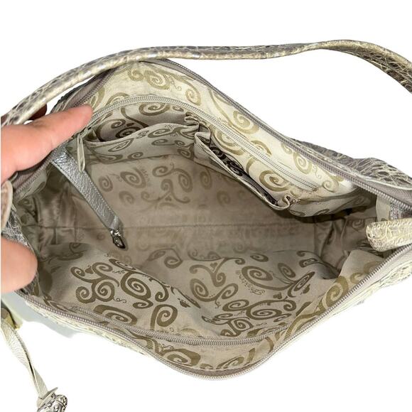 Brighton Croc Embossed Beige Green Metallic Hand Bag Hobo Shoulder Purse - Picture 4 of 11